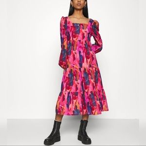 Never Fully Dressed Pink and Blue Abstract Midi Dress